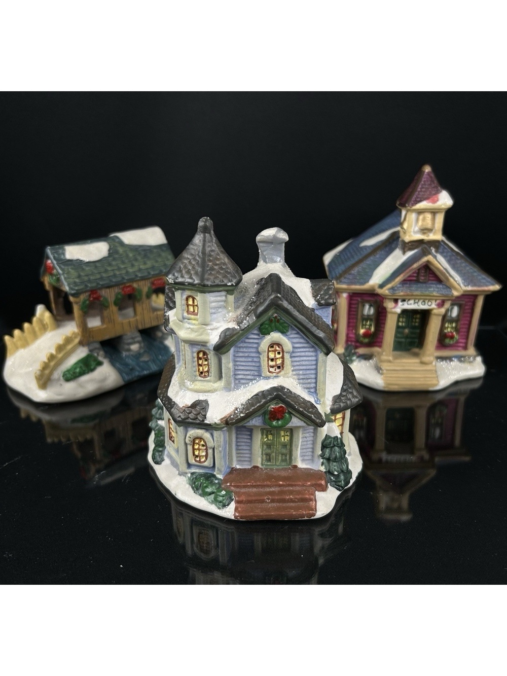 Cobblestone Corners Christmas Village Lot of 3 Blue House, School & Bridge